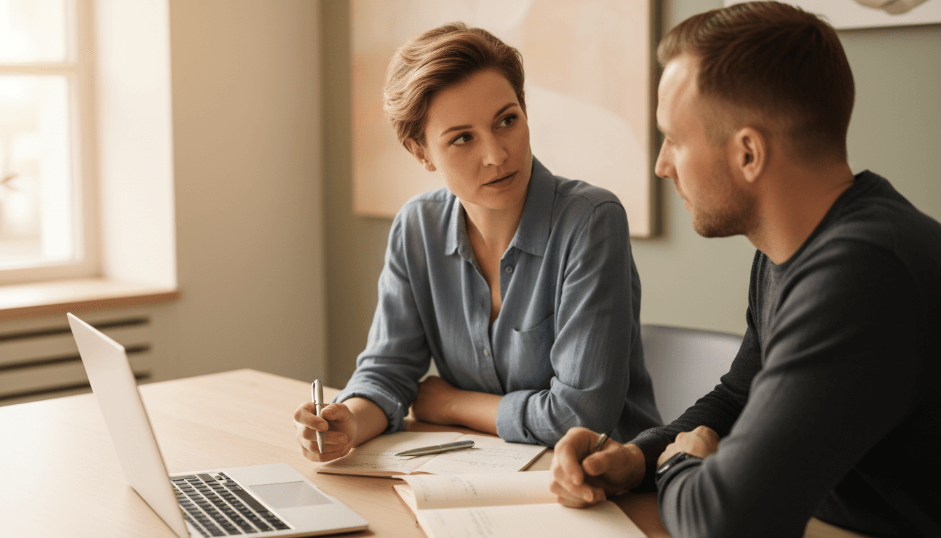 Business coach and entrepreneur in an engaging one-on-one coaching session in a Houston office.
