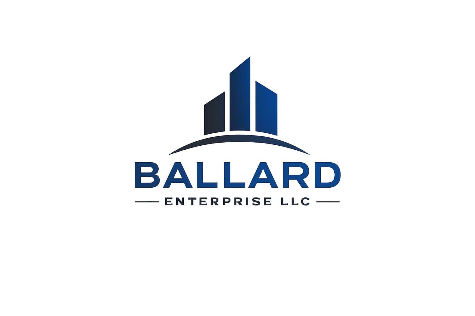 Ballard Enterprise LLC logo with three blue stylized buildings above a dark curved arc.